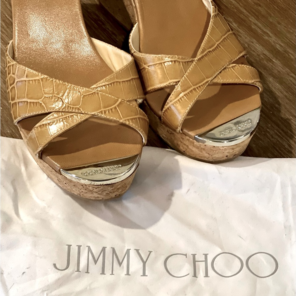 Jimmy Choo Wedge Sandals. Brown snakeskin with cork wedge.